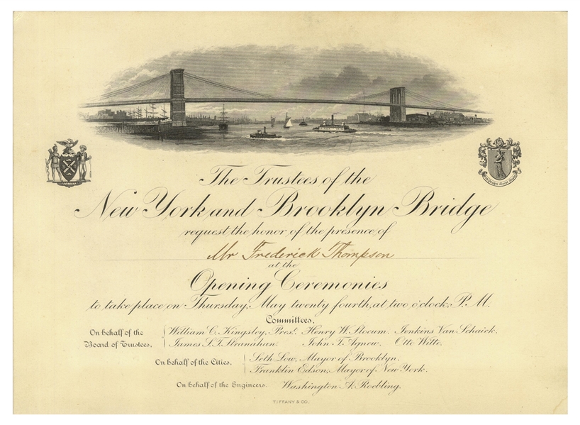 1883 Invitation to the Brooklyn Bridge Opening Ceremonies -- Made by Tiffany & Co., in Near Fine Condition
